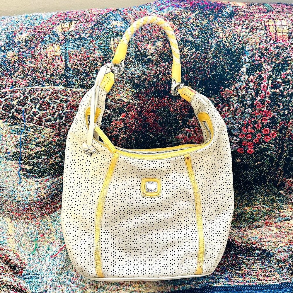 Vintage Brighton White/Yellow Tote Bag With Flower Printed Design & Silver Heart